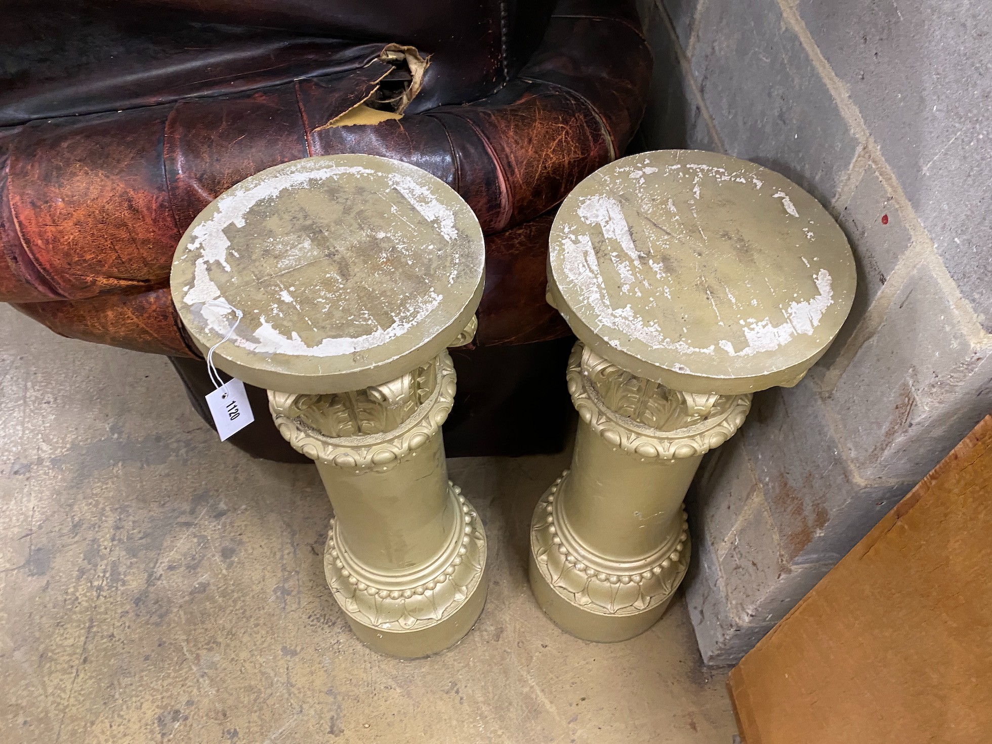 A pair of gold painted composition pedestals, diameter 28cm, height 84cm
